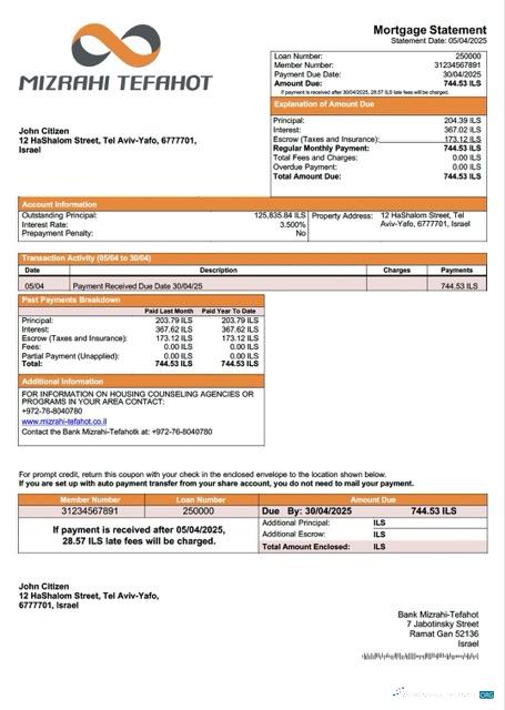Download Israel Bank Mizrahi Tefahot mortgage statement Word and PDF template Photoshop template